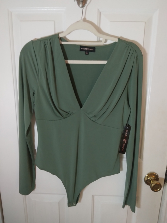 Almost Famous Tops - Almost Famous Sage Green V-Neck Long Sleeve Bodysuit